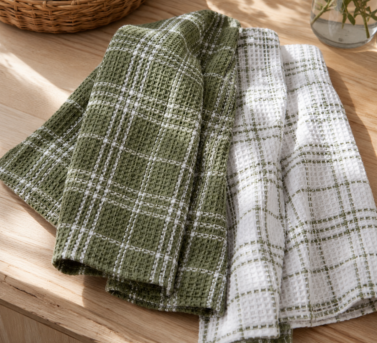 Green waffle Check Tea Towel