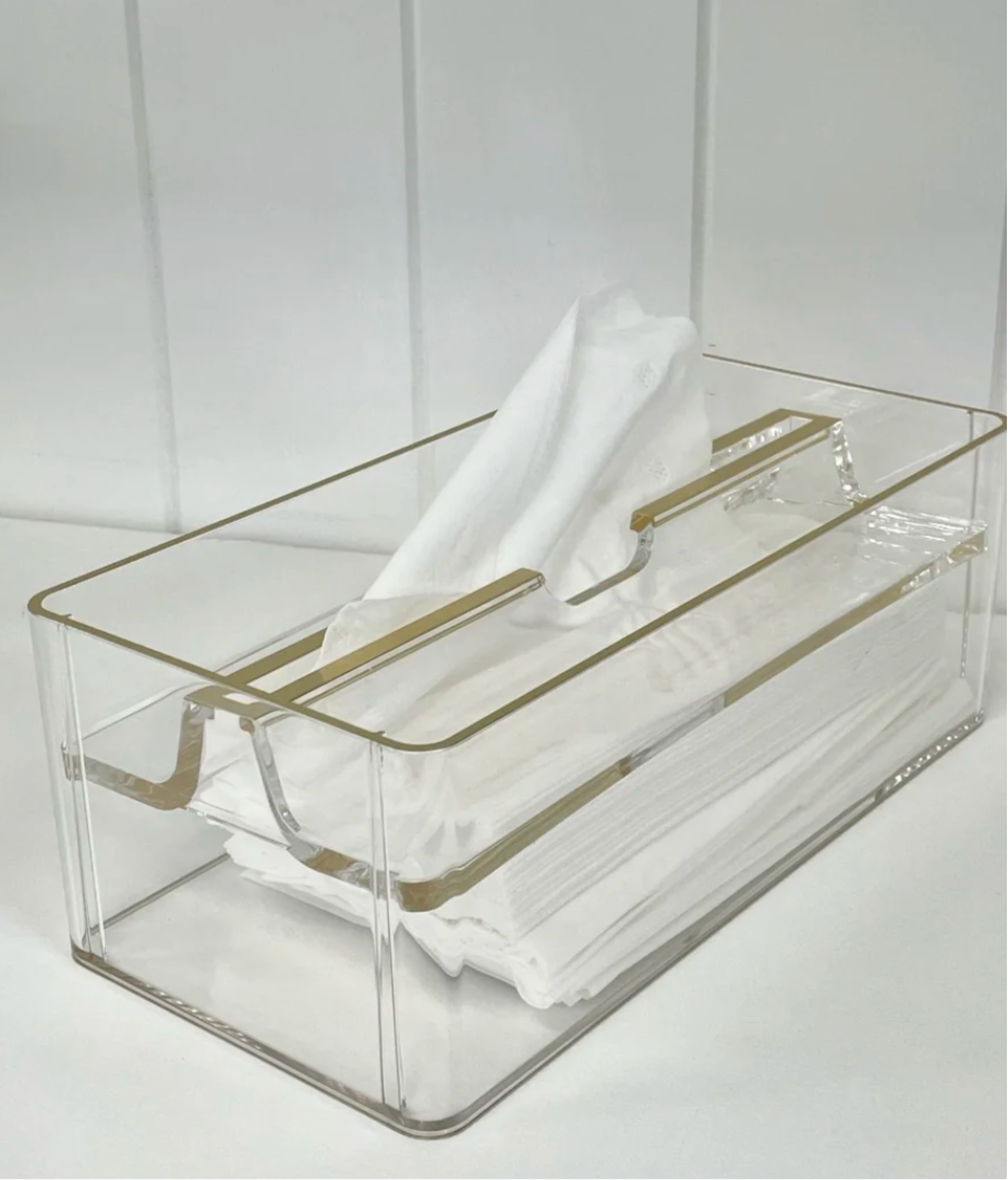 ACRYLIC TISSUE BOX OPEN W/ GOLD TRIM