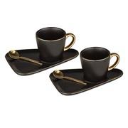 Set of 2 x Espresso cups, 2 x matching plates and 2 x gold plated tea spoons