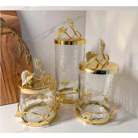 Gold hammered leaf design canisters