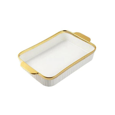 White Ceramic Gold Rim Rectangular Baking Dish