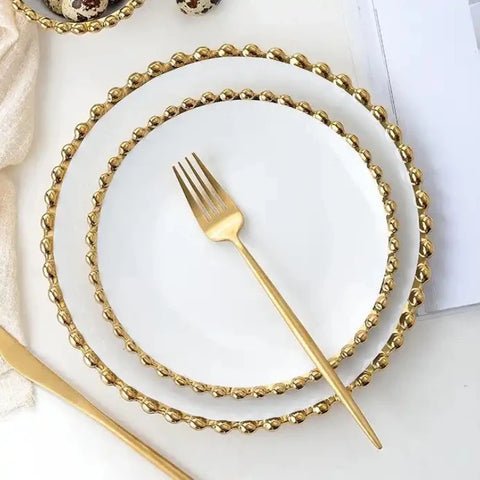 White and gold beaded dessert plate