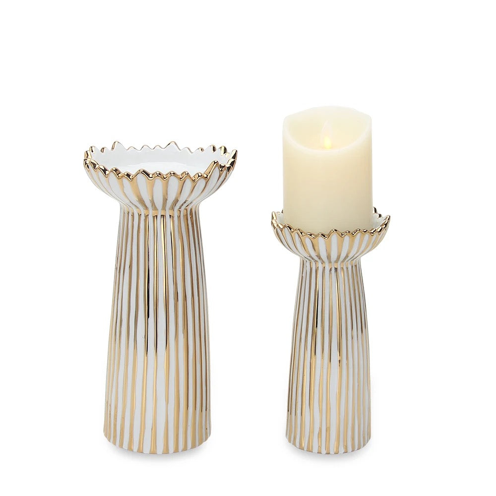 White and gold ceramic candle holder set