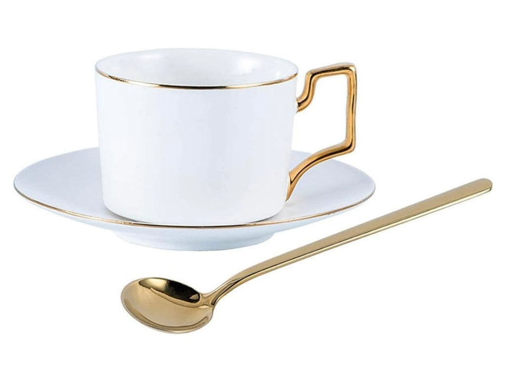 Ceramic cup saucer and teaspoon with hold edge set of 2