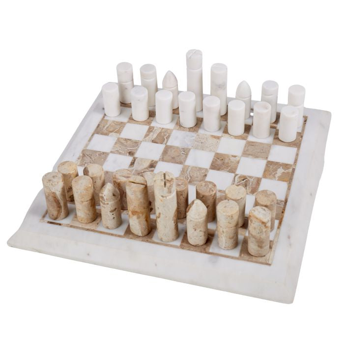 GRAND DESIGNS MARBLE INLAY CHESS SET WHITE & BROWN 31X31X20CM