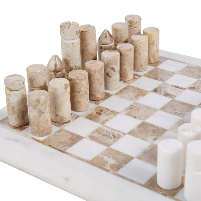 GRAND DESIGNS MARBLE INLAY CHESS SET WHITE & BROWN 31X31X20CM