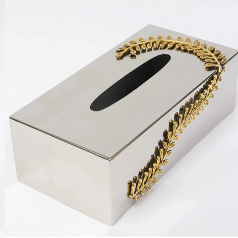 Silver tissue box with gold curry leaf