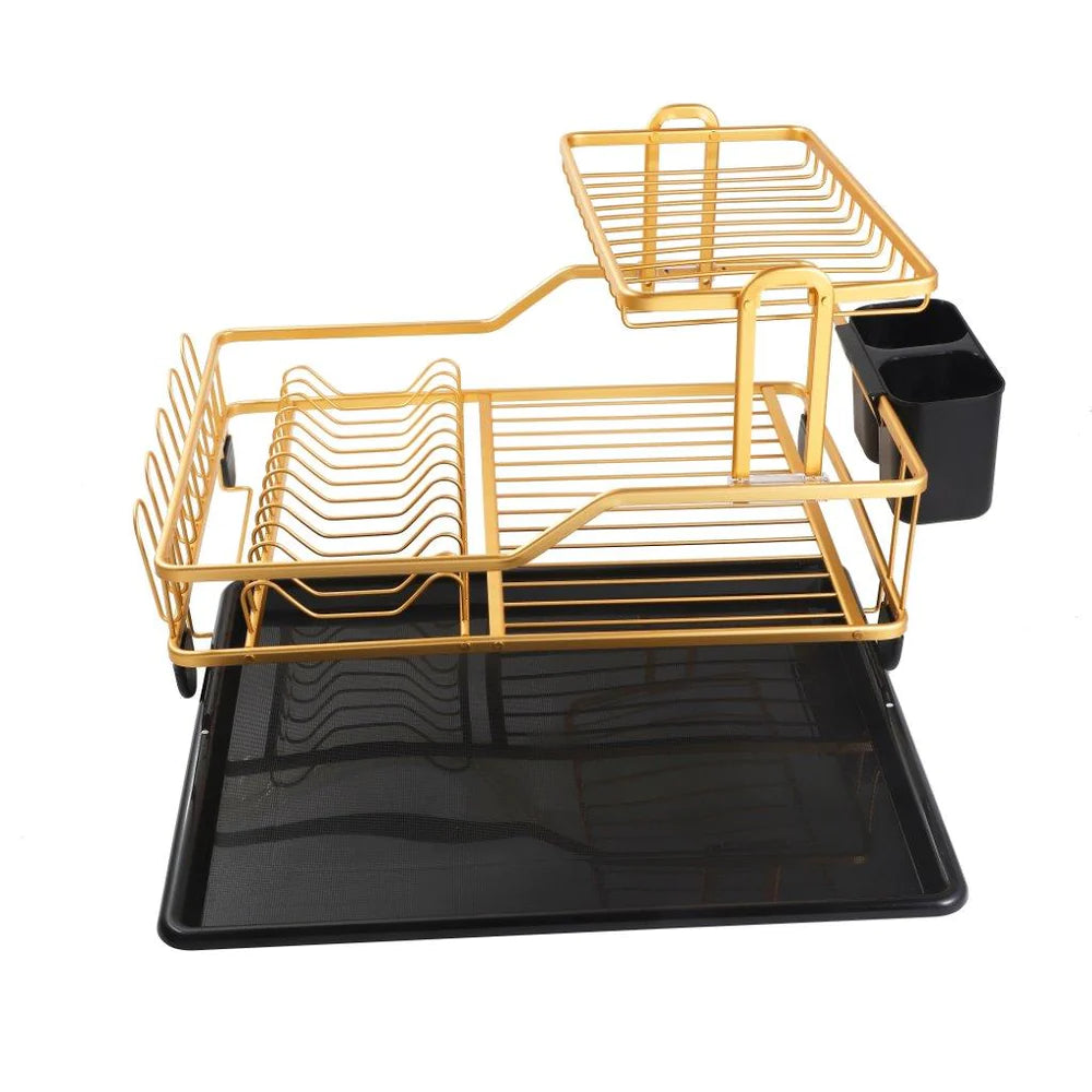 Aluminium Gold Plated Dish Drainer Rack Cutlery Storage Organizer Combo Water Drainer Tray 55*35*27 cm