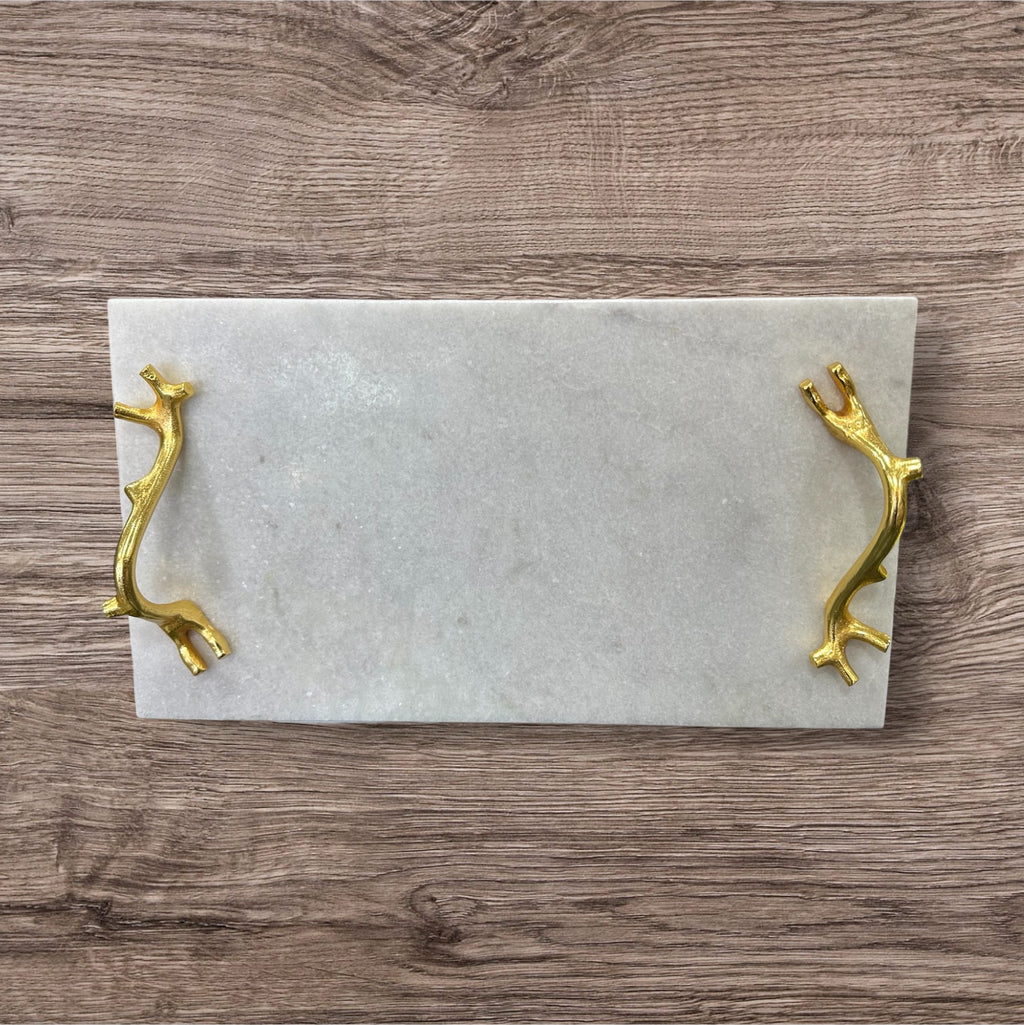 White Marble Tray with Gold Leaf Handle and Edge