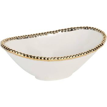 White and gold beaded oval bowl