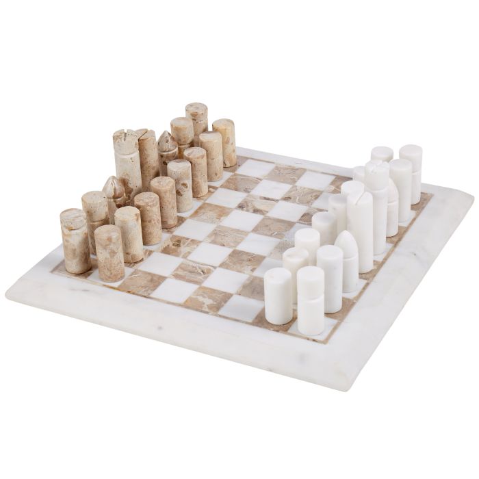 MARBLE INLAY CHESS SET WHITE & BROWN 31X31X20CM