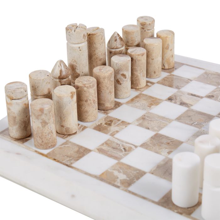 MARBLE INLAY CHESS SET WHITE & BROWN 31X31X20CM