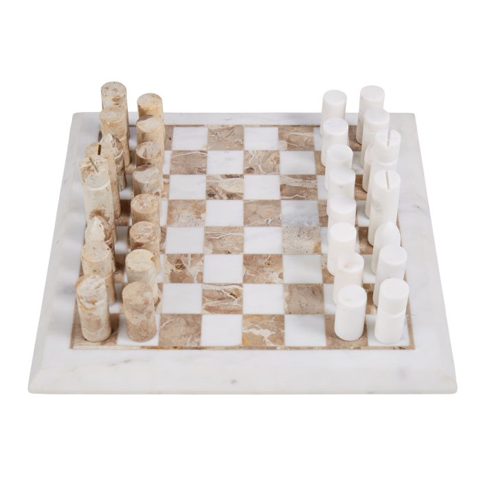 MARBLE INLAY CHESS SET WHITE & BROWN 31X31X20CM