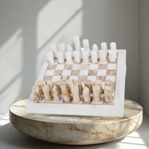 GRAND DESIGNS MARBLE INLAY CHESS SET WHITE & BROWN 31X31X20CM