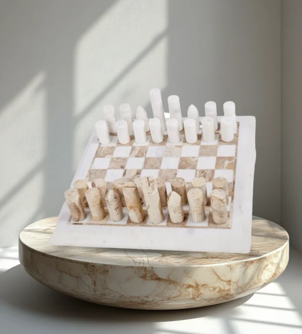 GRAND DESIGNS MARBLE INLAY CHESS SET WHITE & BROWN 31X31X20CM