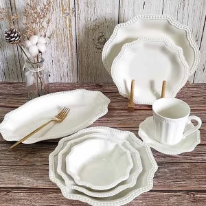 White beaded pasta bowl set of 4