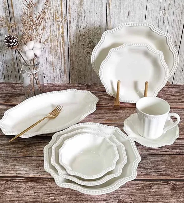 White beaded pasta bowl set of 4
