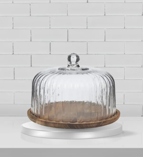BOSCO GLASS/WOOD CAKE DOME 28X20CM