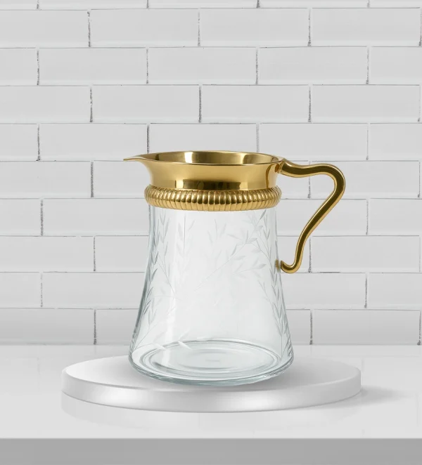 Gold Etched Floral Glass Pitcher
